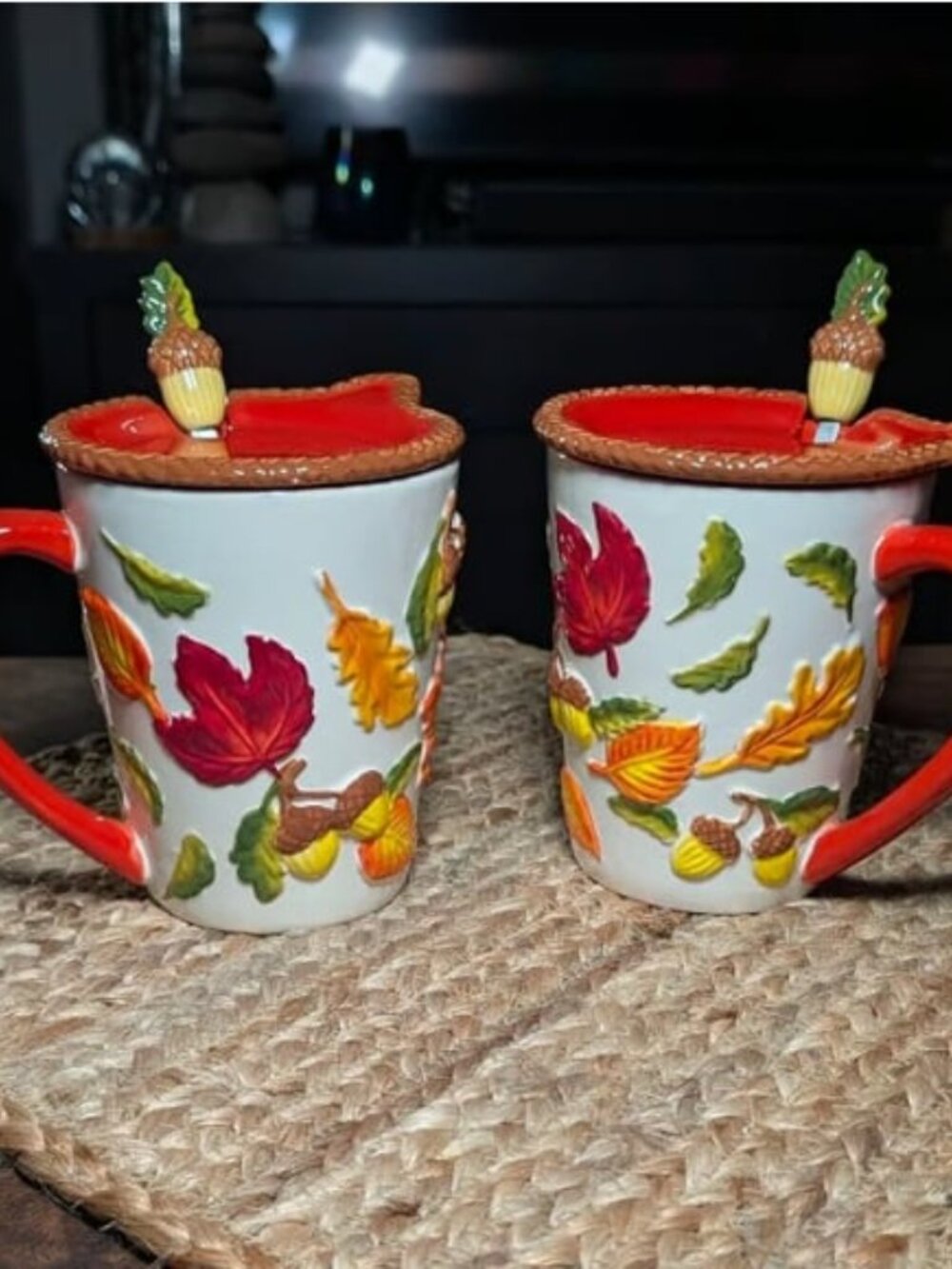 Temp-tations by Tara Autumn Harvest Mug Set Saucer Spoon Embossed Leaf & Acorn